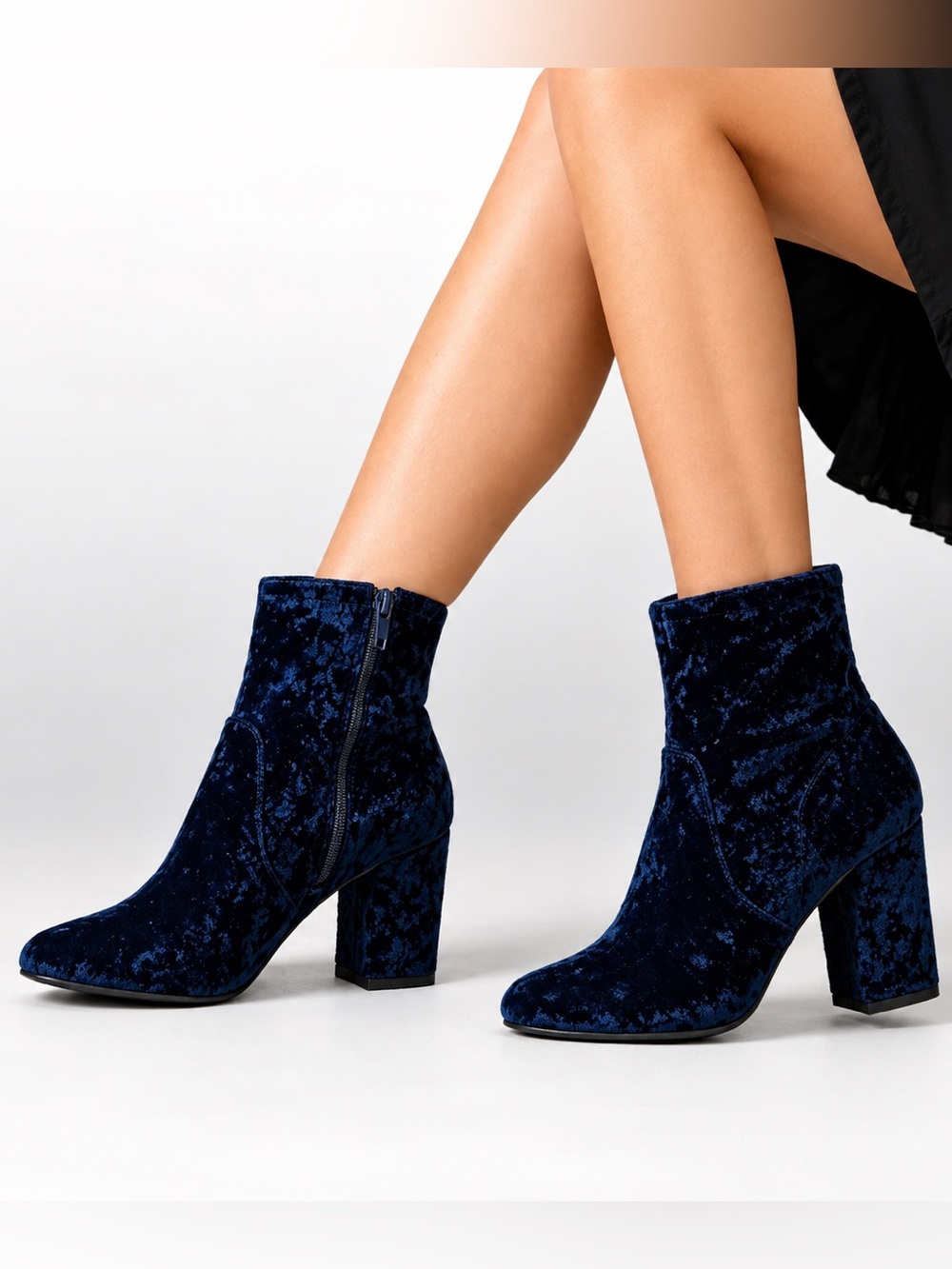 Reza Navy Velvet Ankle Boots Chunky Heel Size 7 and 3” block heel